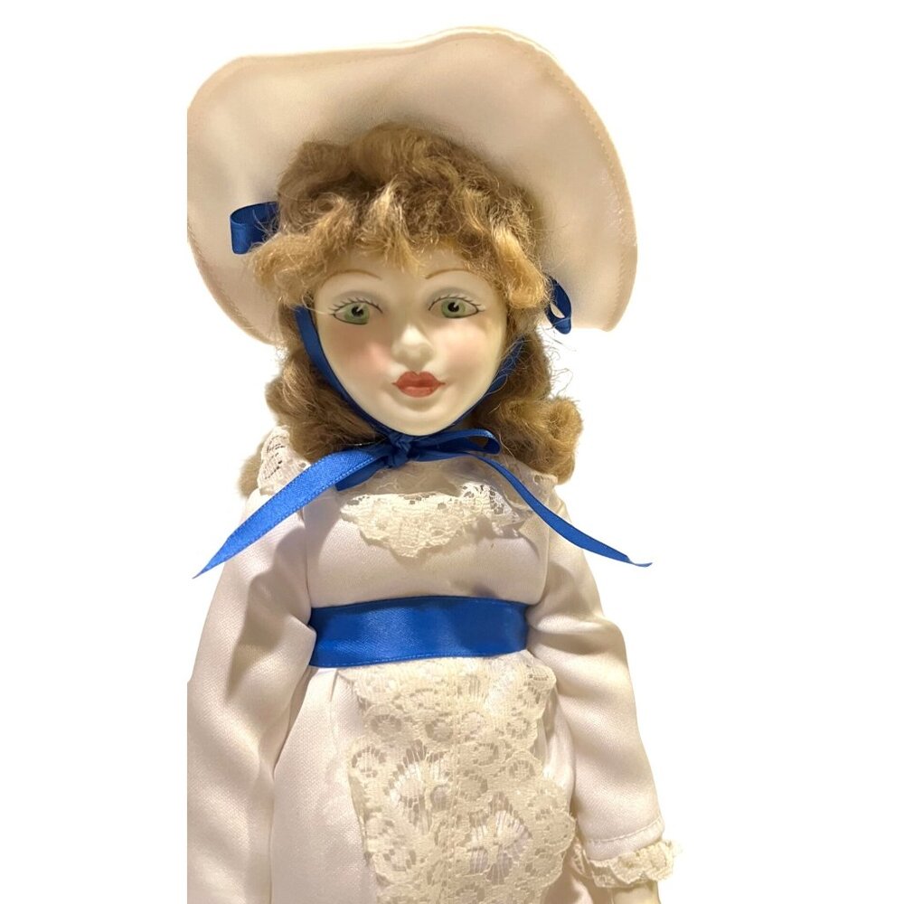 Royal Doulton and Nisbet 1981 Porcelain Doll White Lace Dress Hat Blue Ribbon
